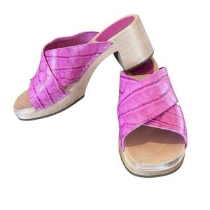 Swedish Hasbeens Anette High Pink Leather Wood Sole Sandal Womens Size 40 EU 9